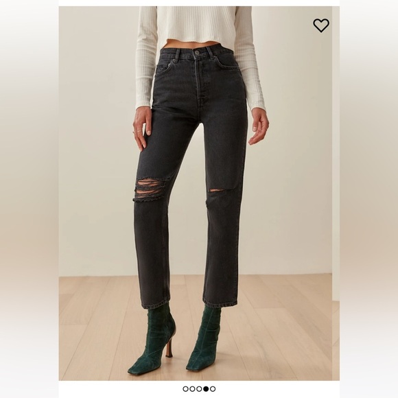 Reformation Denim - Reformation Cynthia High Rise Straight Jeans Black Ripped Size 27